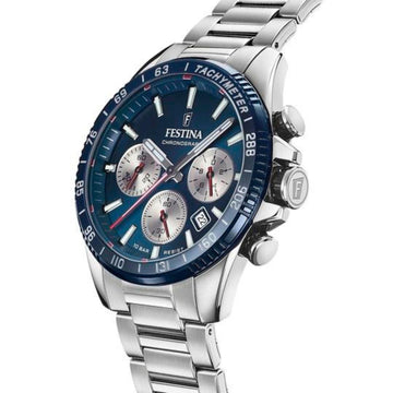 Ρολόι Festina F20560/2 με ασημί μπρασελέ, μπλε καντράν με ένδειξη ημερομηνίας και στεφάνι διαμέτρου 45mm.